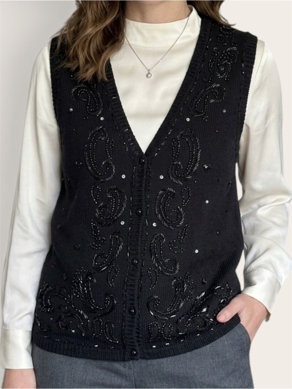 VTG Embellished Black Knit Sweater Vest Paisley Beaded